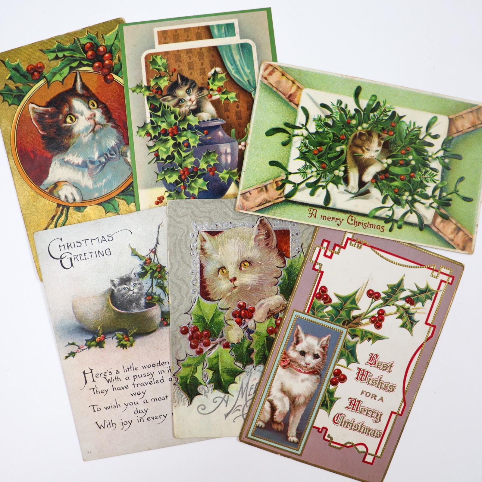 Vintage Antique Postcards Cats Christmas LOT of Six KIttens Embossed Holiday Vintage Antique Postcards Cats Christmas LOT of Six KIttens Embossed Holiday