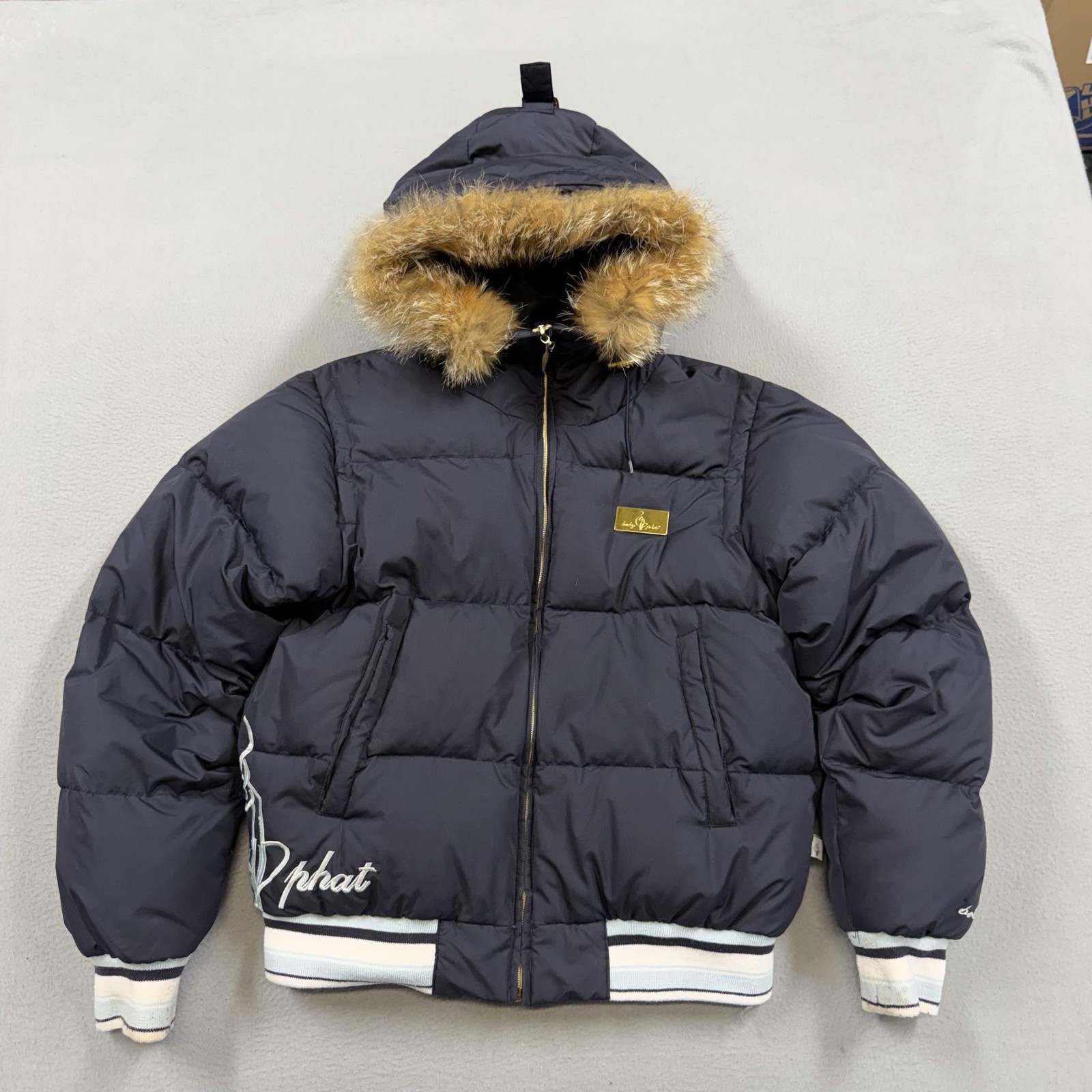 Baby Phat Jacket Womens Small Blue Puffer Hooded Fur Trim Logo Bomber Winter Y2K