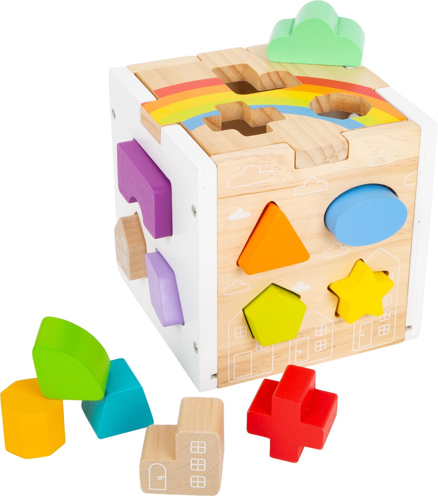 Small Foot Wooden Rainbow Shape Sorter Cube Sorting Toy 13 Geometric Shapes