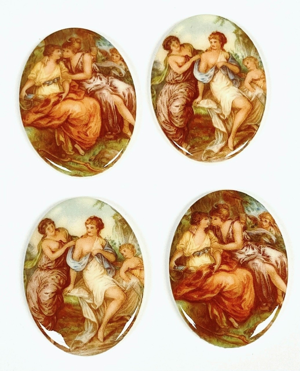 4 Vintage Two Grecian Roman Ladies with Cherub Scenes 40x30mm Acrylic Cameos 147