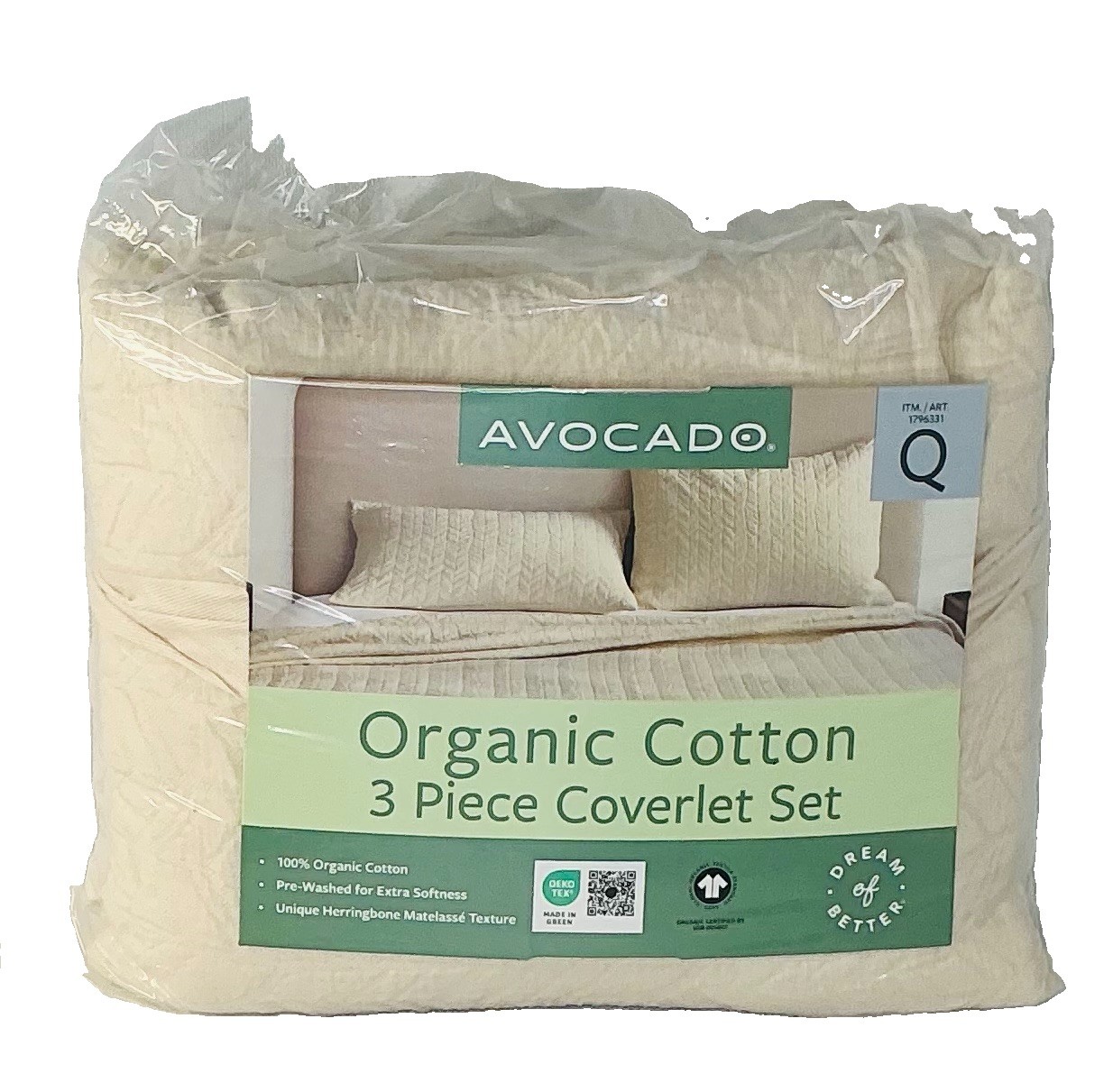 Avocado Herringbone 3-piece Organic Cotton Coverlet Set Cream- QUEEN