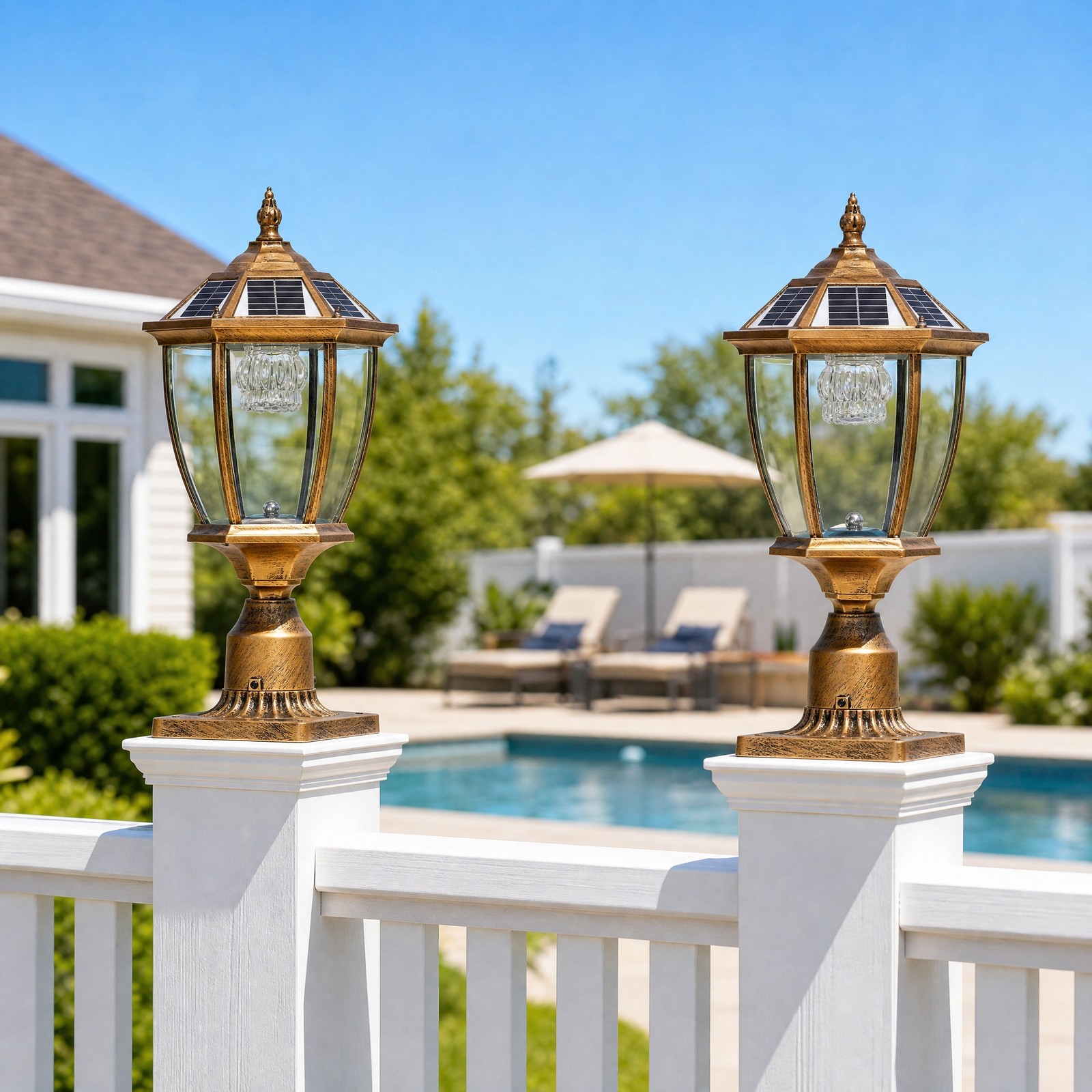 2 Pack 20\'\' Solar Lamp Post LED Light Gold Outdoor Dusk to Dawn Pier Mount Base