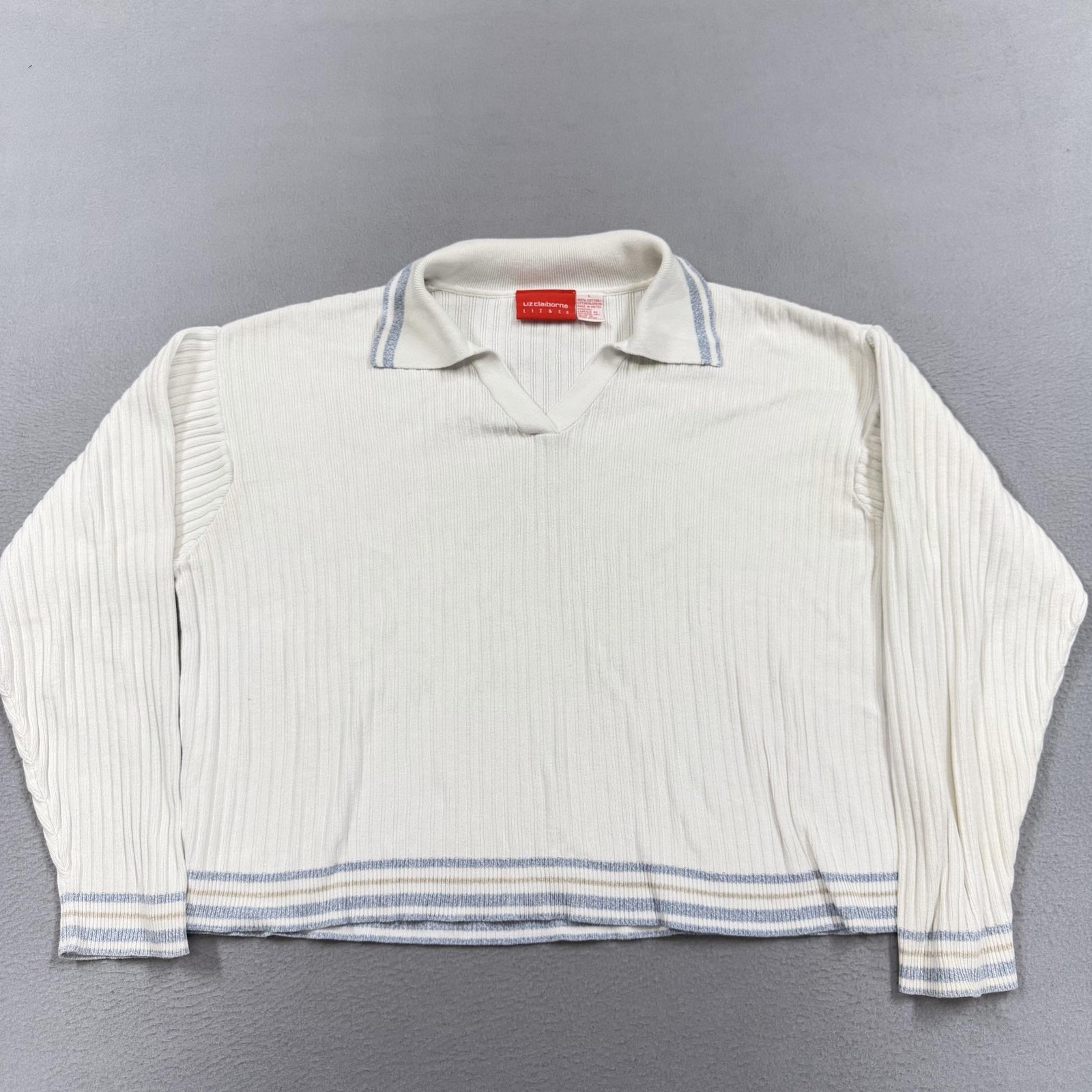 Vintage Liz Claiborne Sweater Womens Large White Collared V Neck Stripe Knit