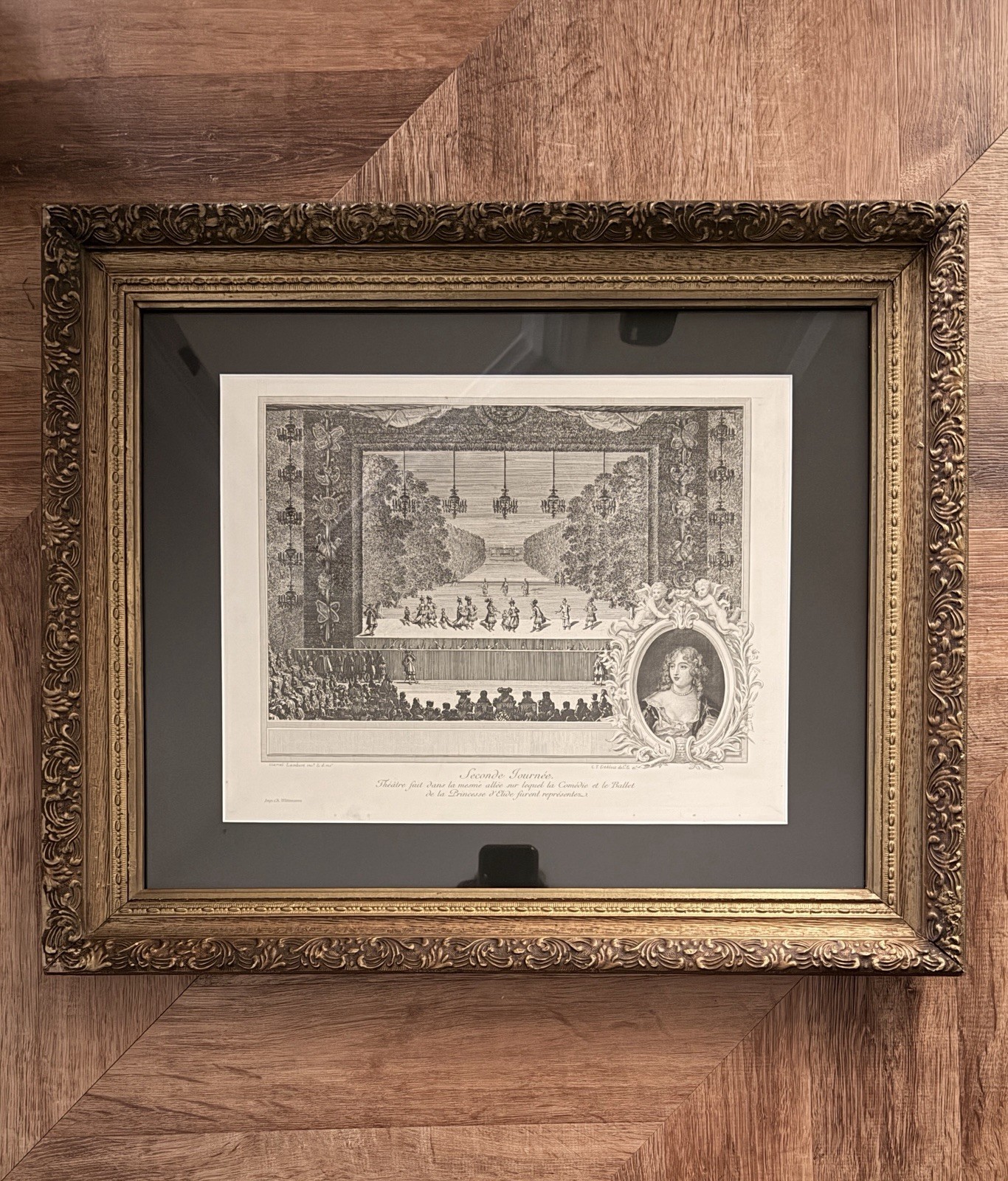 Antique 1900 French Versailles Engraving Louis XIV La Valliere Gilt Frame