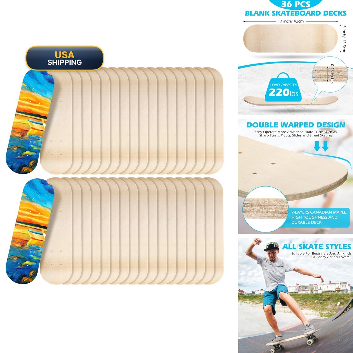 Meooeck 12 Pack Blank Skateboard Decks 17 x 5 Inch 7 Ply Meooeck 12 Pack Blank Skateboard Decks 17 x 5 Inch 7 Ply