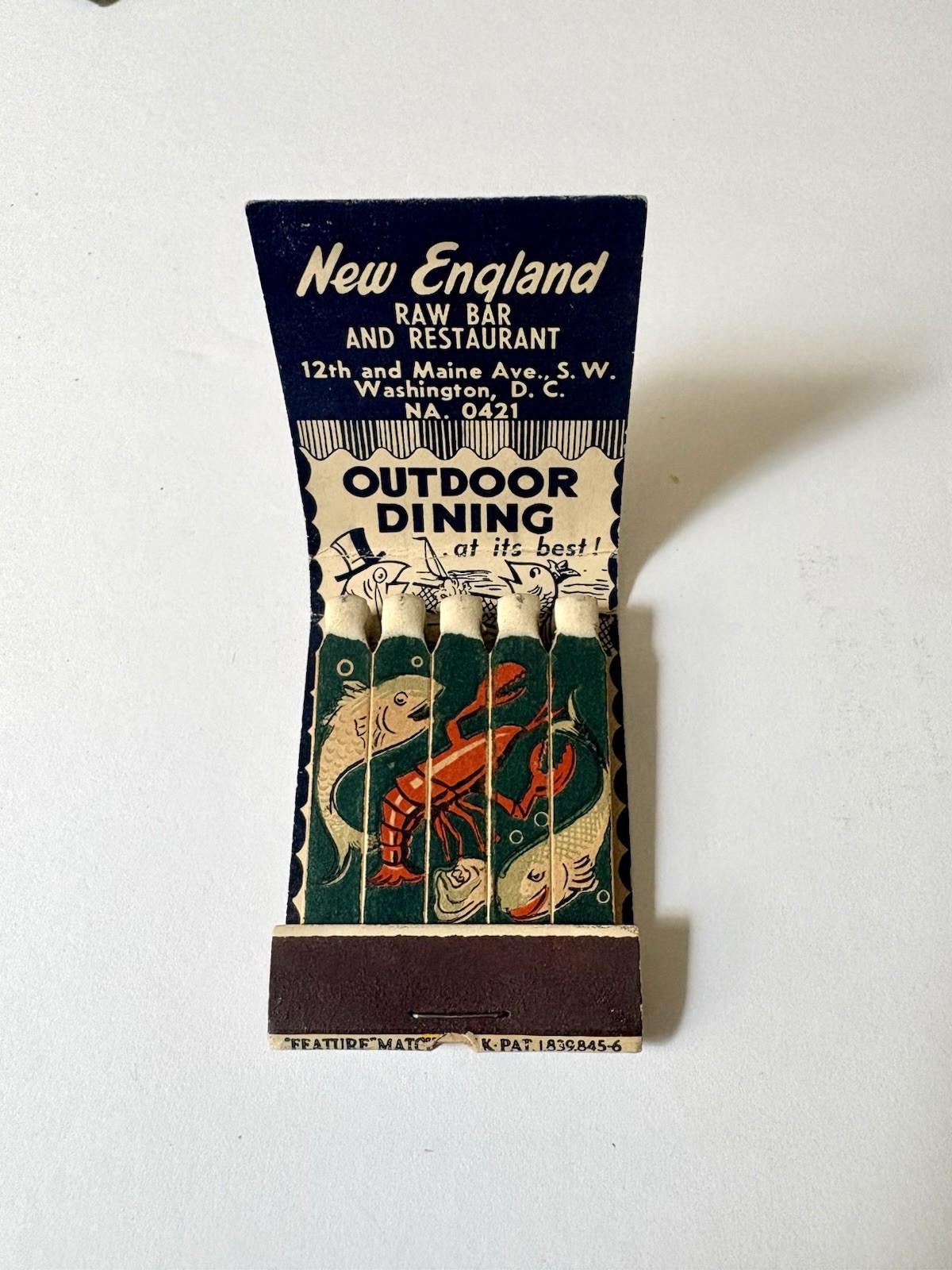 Vintage Feature Matchbook NEW ENGLAND RAW BAR Restaurant Full Washington DC