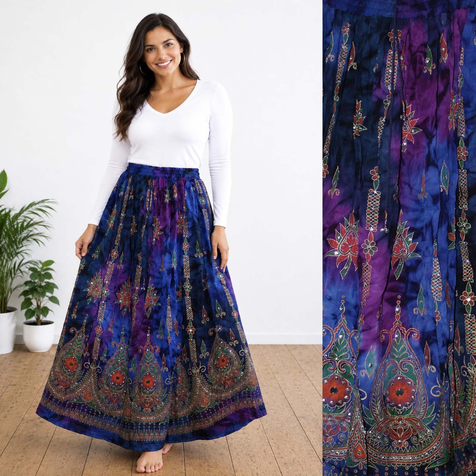 Plus Size 3X To 6X Indian Ethnic Sequin Maxi Floral Skirt For Women Hippie Boho