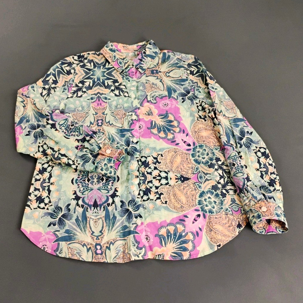 Chico\'s Women\'s No Iron Shirt Size S Linen Floral Button-Up Multicolor 