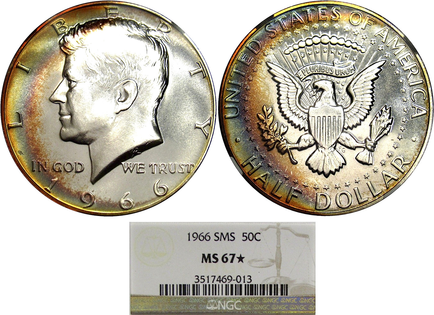 1966 50C NGC MS67* SMS (NGC STAR) 40% SILVER KENNEDY ~ GORGEOUS RAINBOW CRESCENT 1966 50C NGC MS67* SMS (NGC STAR) 40% SILVER KENNEDY ~ GORGEOUS RAINBOW CRESCENT