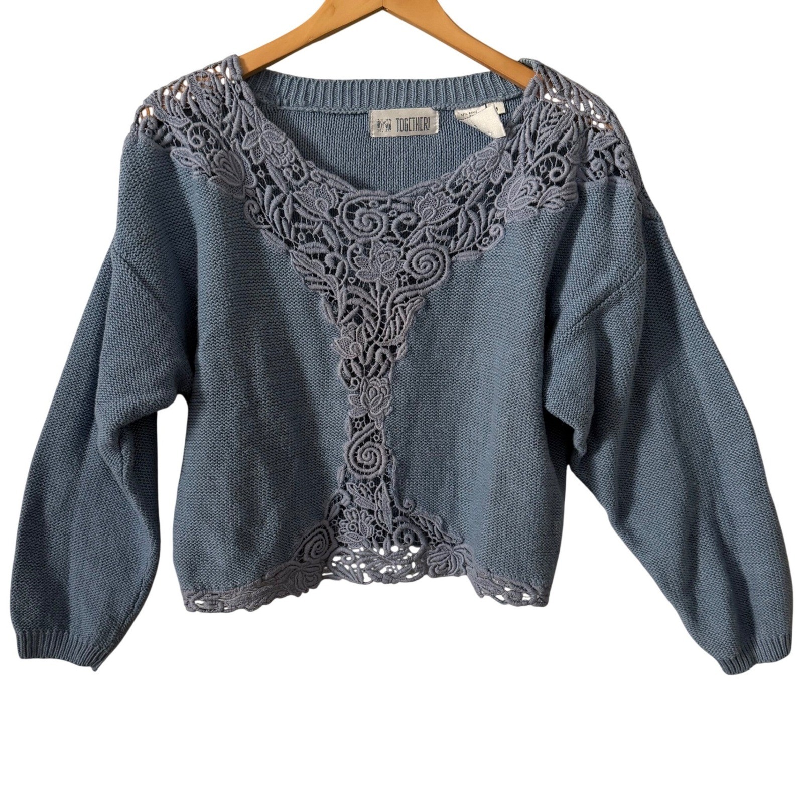 Vintage Together Sz MD Boho Blue Ramie Cotton Lace Crochet Sweater Cottagecore