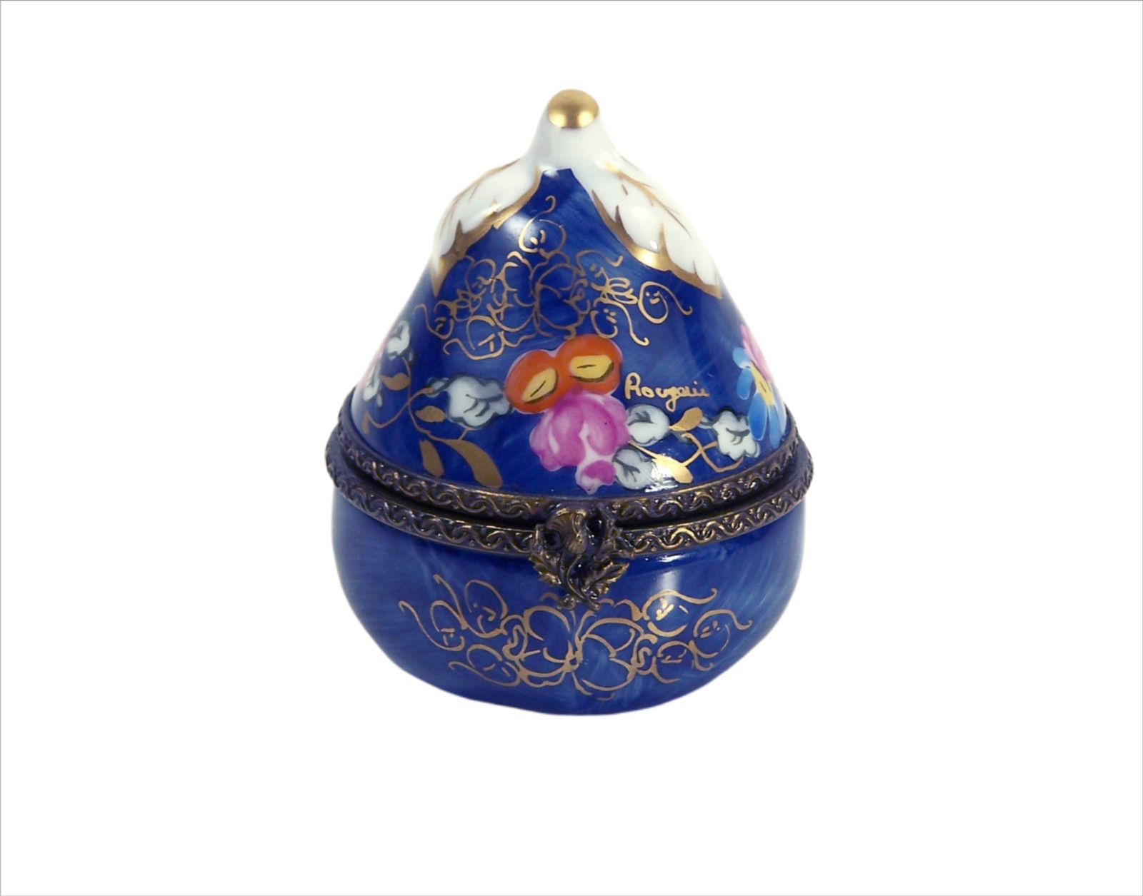 Vintage Limoges Trinket Box Hand Painted Floral on Blue Pear Shape Artist Signed