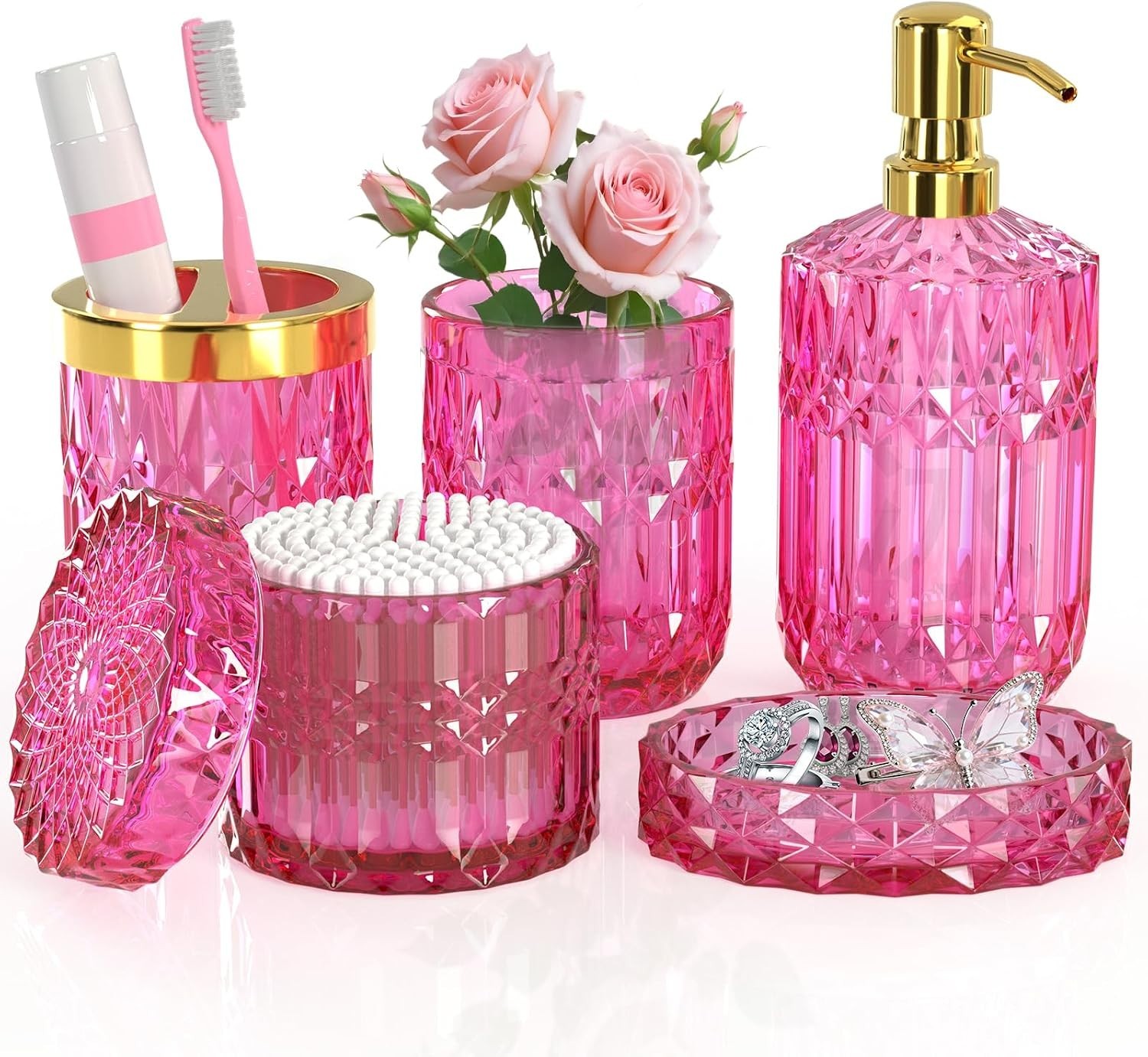 Hot-Pink Glass Bathroom Accessories Set 5 Pcs, Hot-Pink Bathroom Set, Soap Dispe Hot-Pink Glass Bathroom Accessories Set 5 Pcs, Hot-Pink Bathroom Set, Soap Dispe