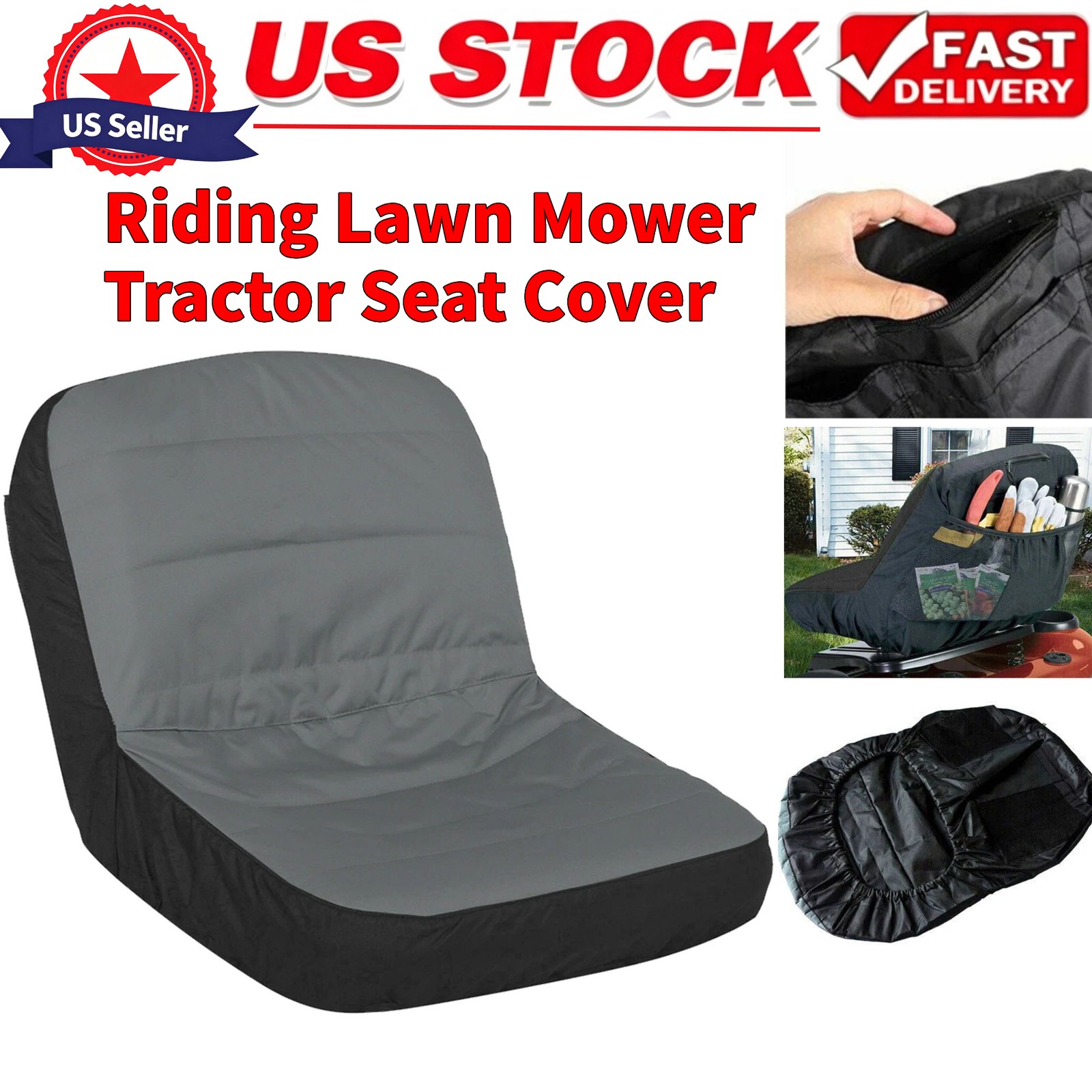 Universal Riding Lawn Mower Tractor Seat Cover Padded Comfort Pad Storage Gray