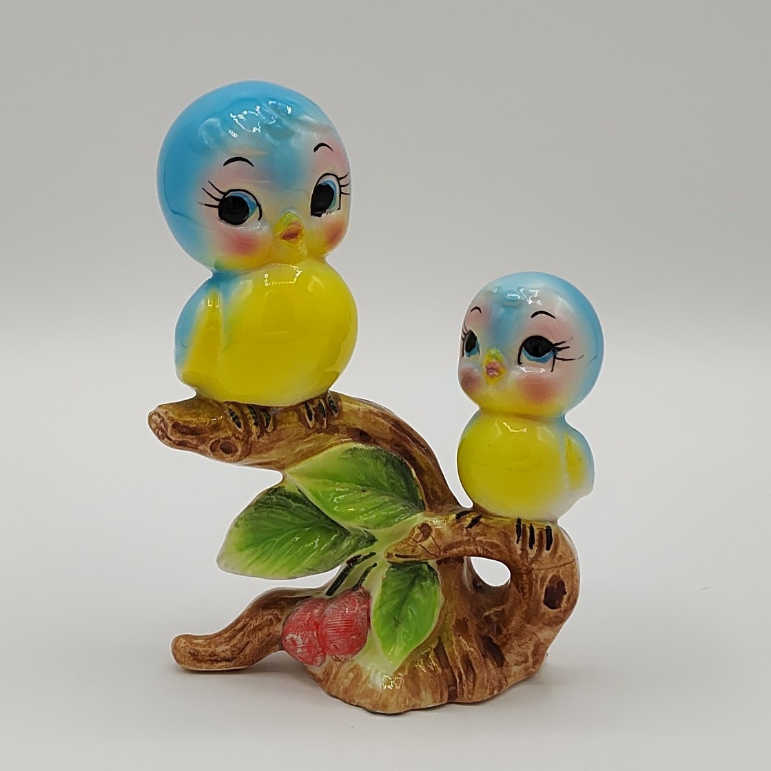 Vtg Anthropomorphic Bluebirds Ceramic Figurine Two Birds on Cherry Branch