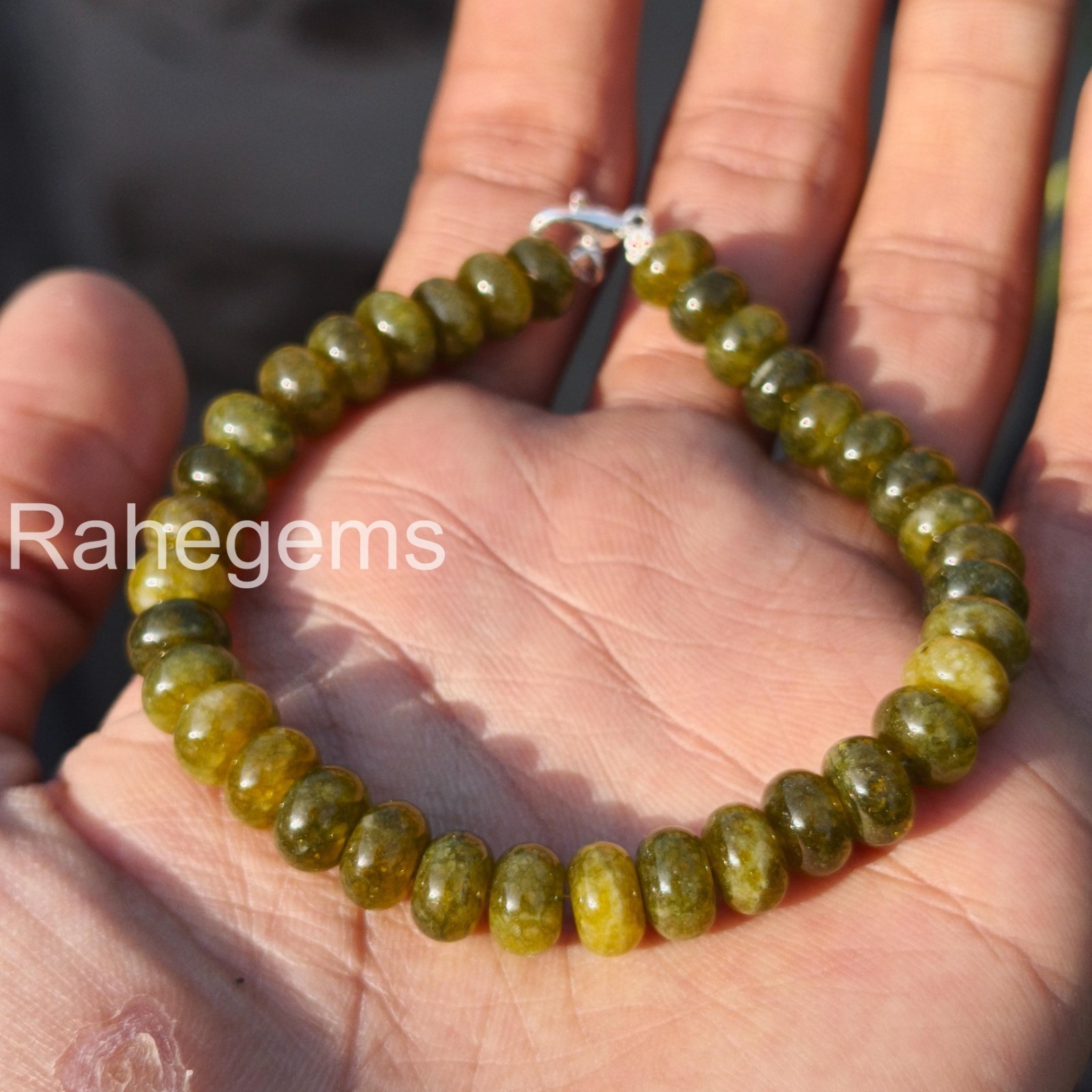 Genuine Green Moldavite Bracelet, Smooth Beaded Tektite Jewelry, Sterling Silver