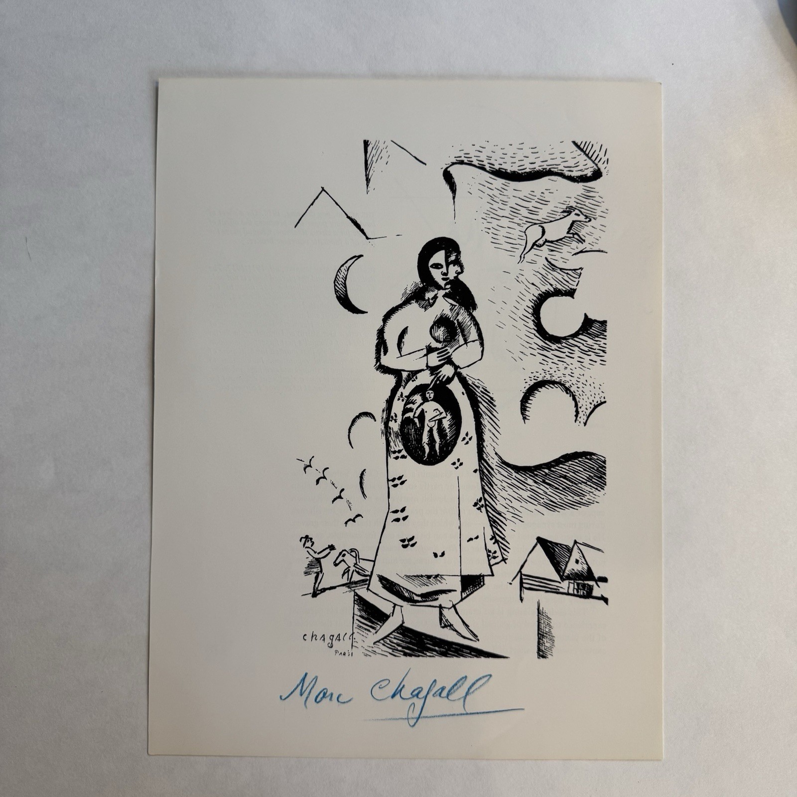 Vintage Marc Chagall Style Art Print with Blue Hand Written Signature