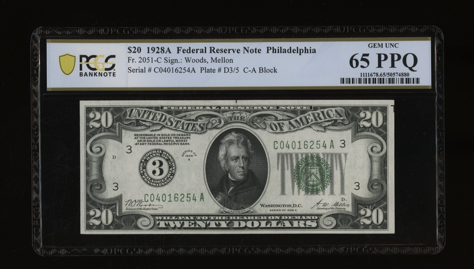 DBR 1928-A $20 FRN Philadelphia Numeral Fr. 2051-C PCGS-B 65 PPQ Ser# C04016254A
