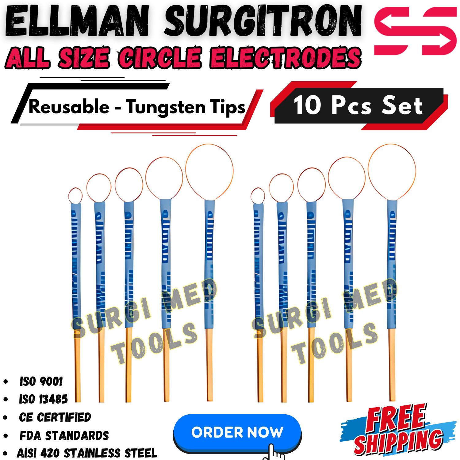Ellman Surgitron Circle loops Electrodes all sizes 10 Pcs Reusable-Tungsten Tips