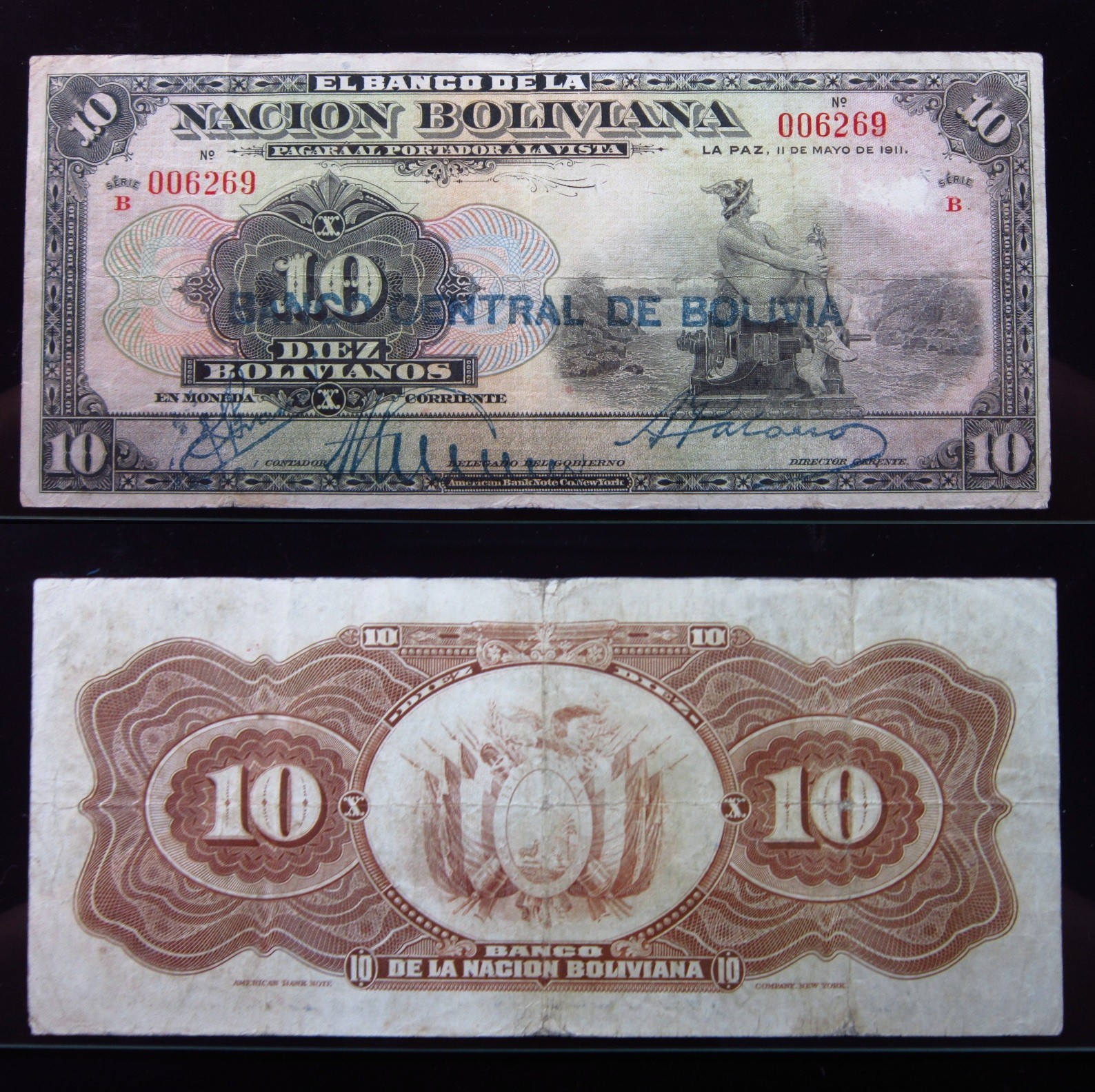 Bolivia 10 Bolivianos ND 1929 P114 6269i0 Overprint Provisional Issue Banknote