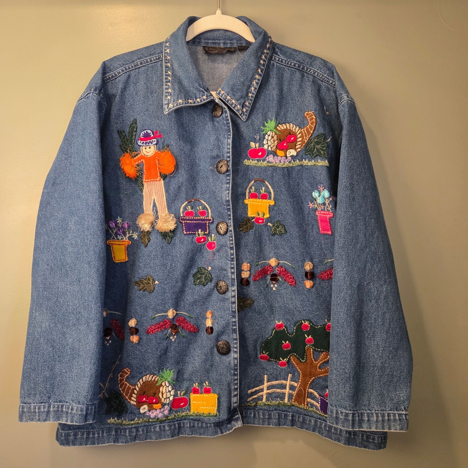 Vintage New Directions Women\'s 2X Fall Harvest Embroidered Denim Shirt Jacket