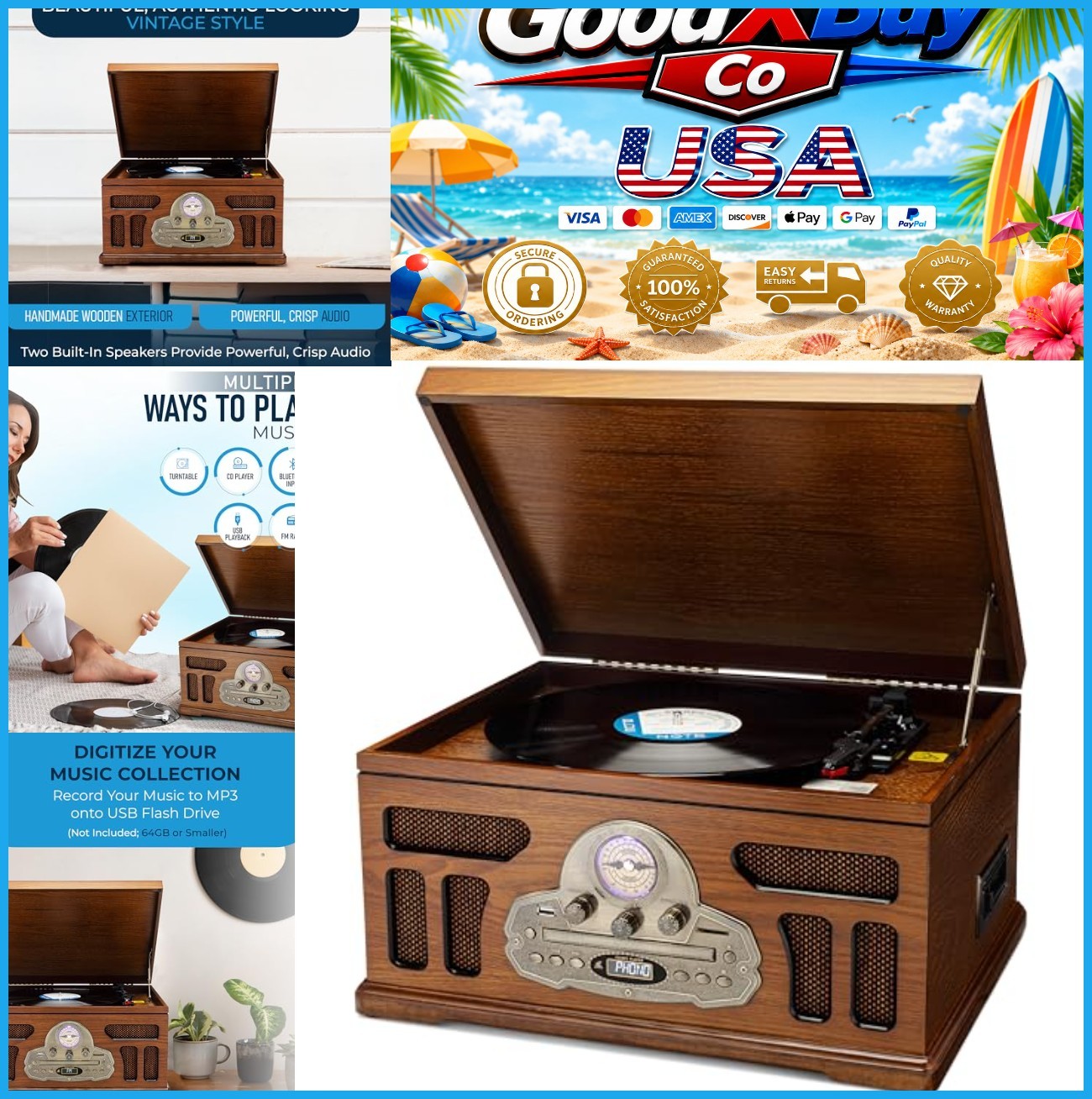 6-in-1 Turntable Record Player Bluetooth CD Cassette AM/FM Radio USB Wooden