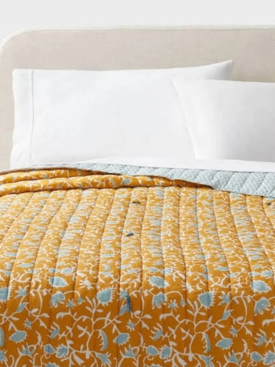 Full/Queen Earthy Vines Quilt Mustard Yellow/Teal Blue - Threshold: Cotton....CP