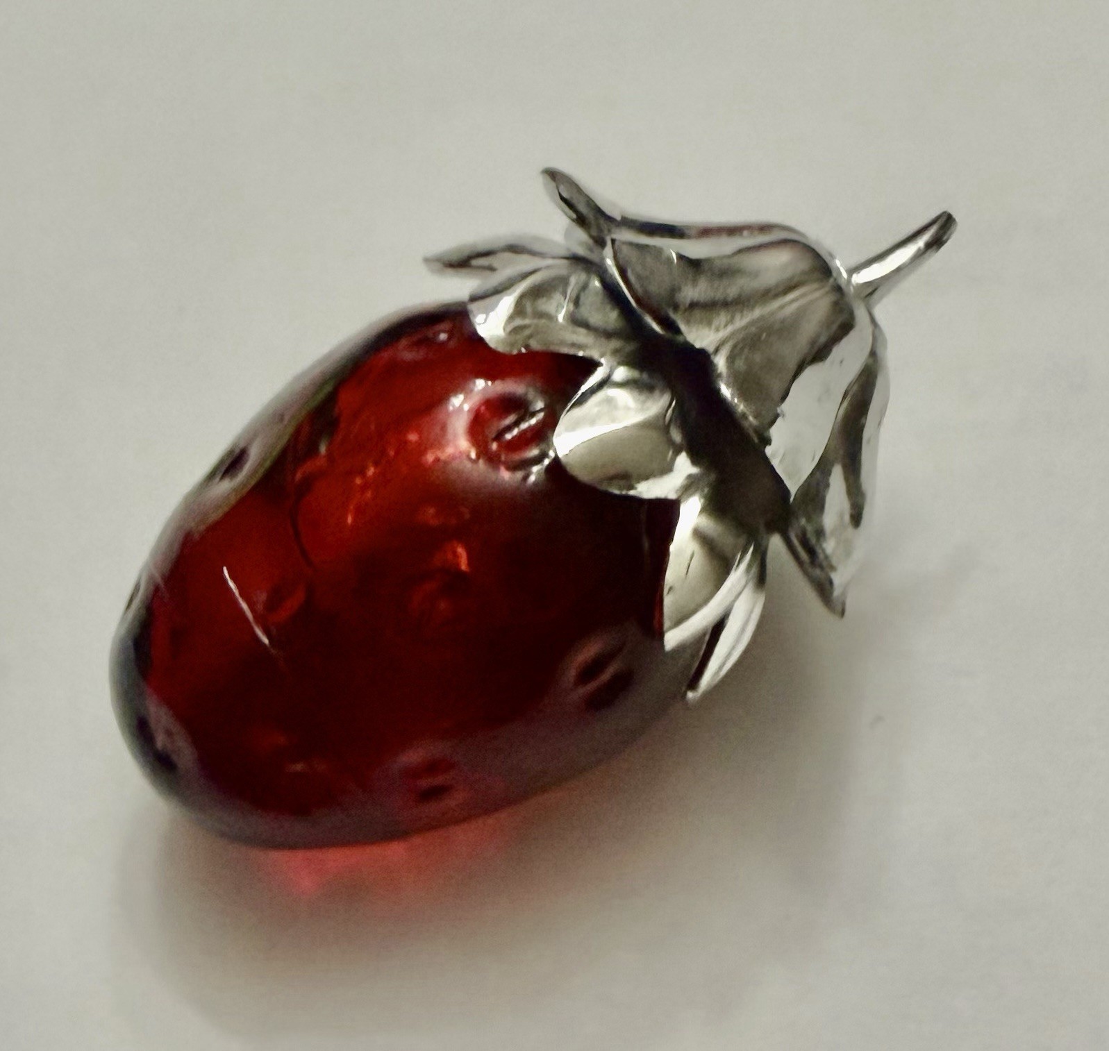 Vintage  Avon Strawberry Fair  Red Glass Silver Tone Perfume Bottle W/Perfume