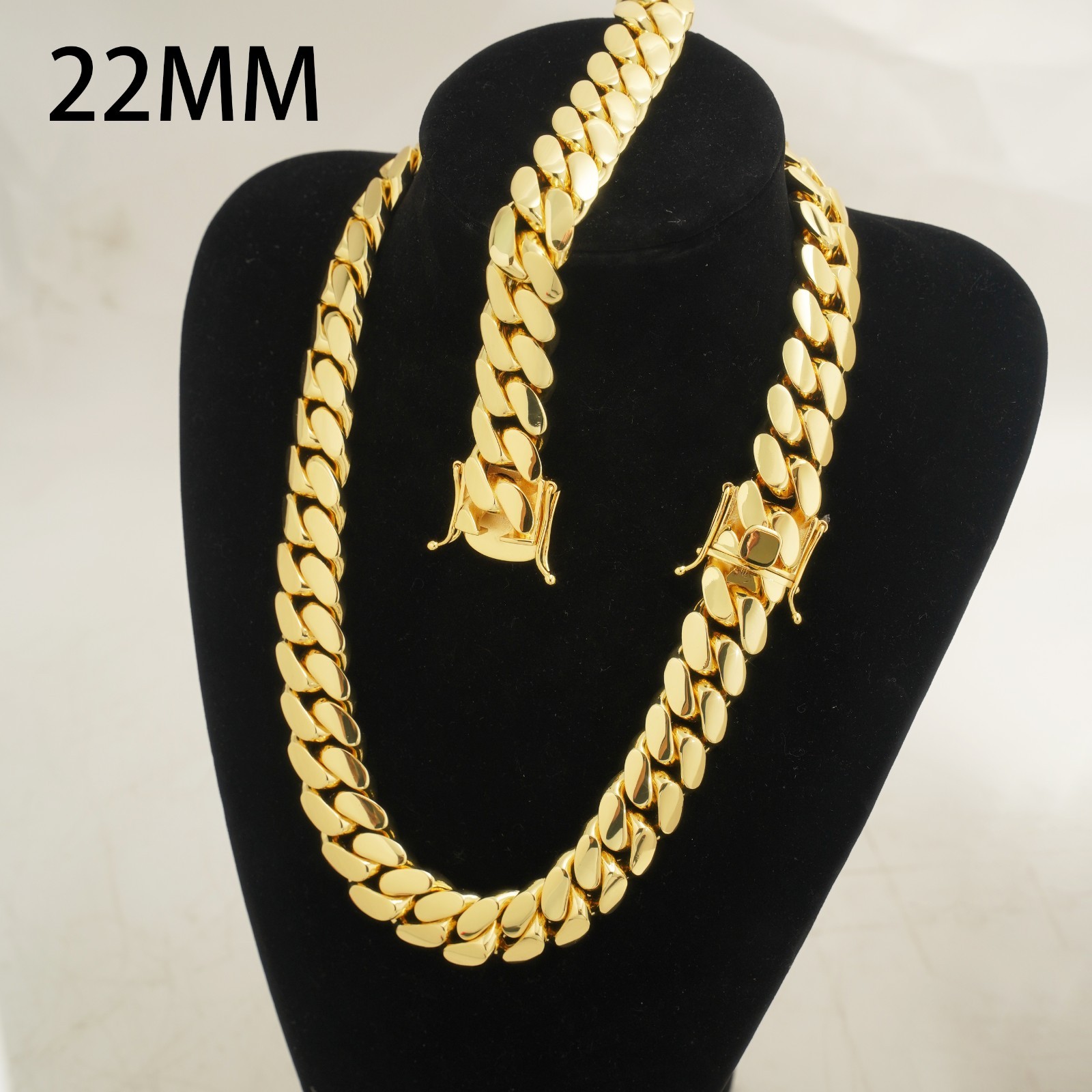 Miami Cuban Link SET Chain Necklace Bracelet 14k Gold Plated SOLID Box Lock
