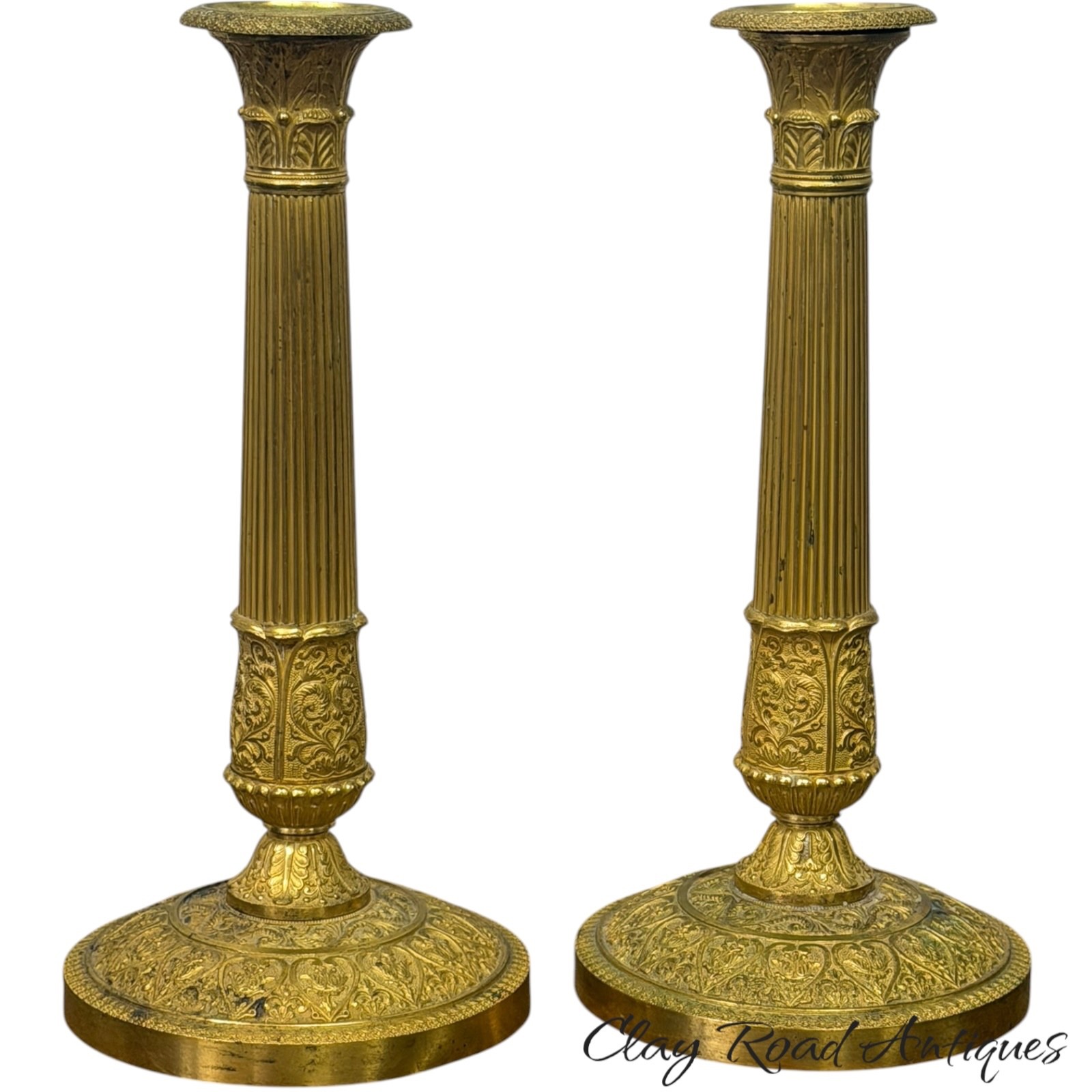 Pair Antique 19th C French Empire Gilt Bronze Brass neoclassical Candlesticks Pair Antique 19th C French Empire Gilt Bronze Brass neoclassical Candlesticks