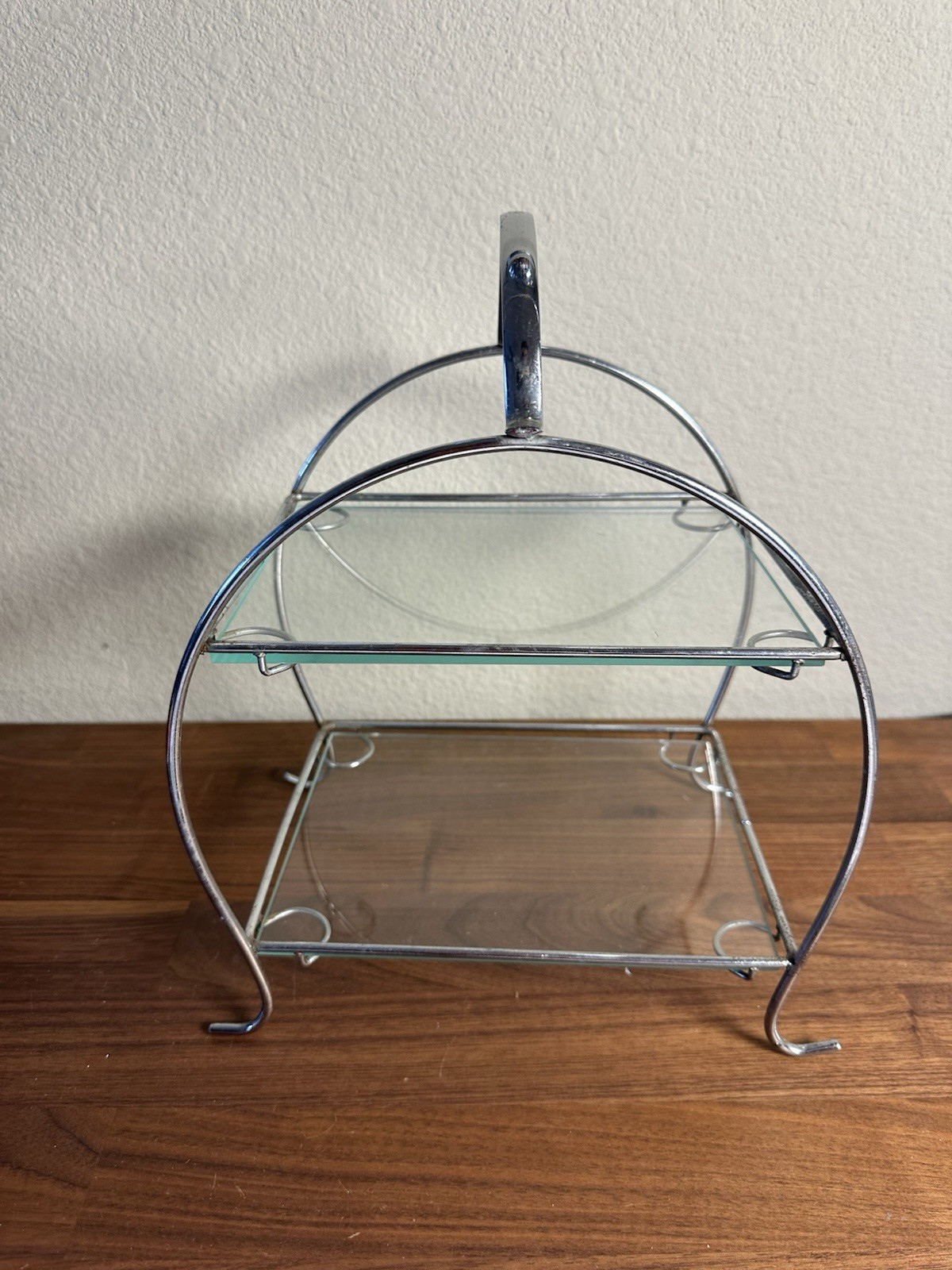 1930s Vintage Two Tier Cake Stand Glass Shelving Chrome 1930s Vintage Two Tier Cake Stand Glass Shelving Chrome