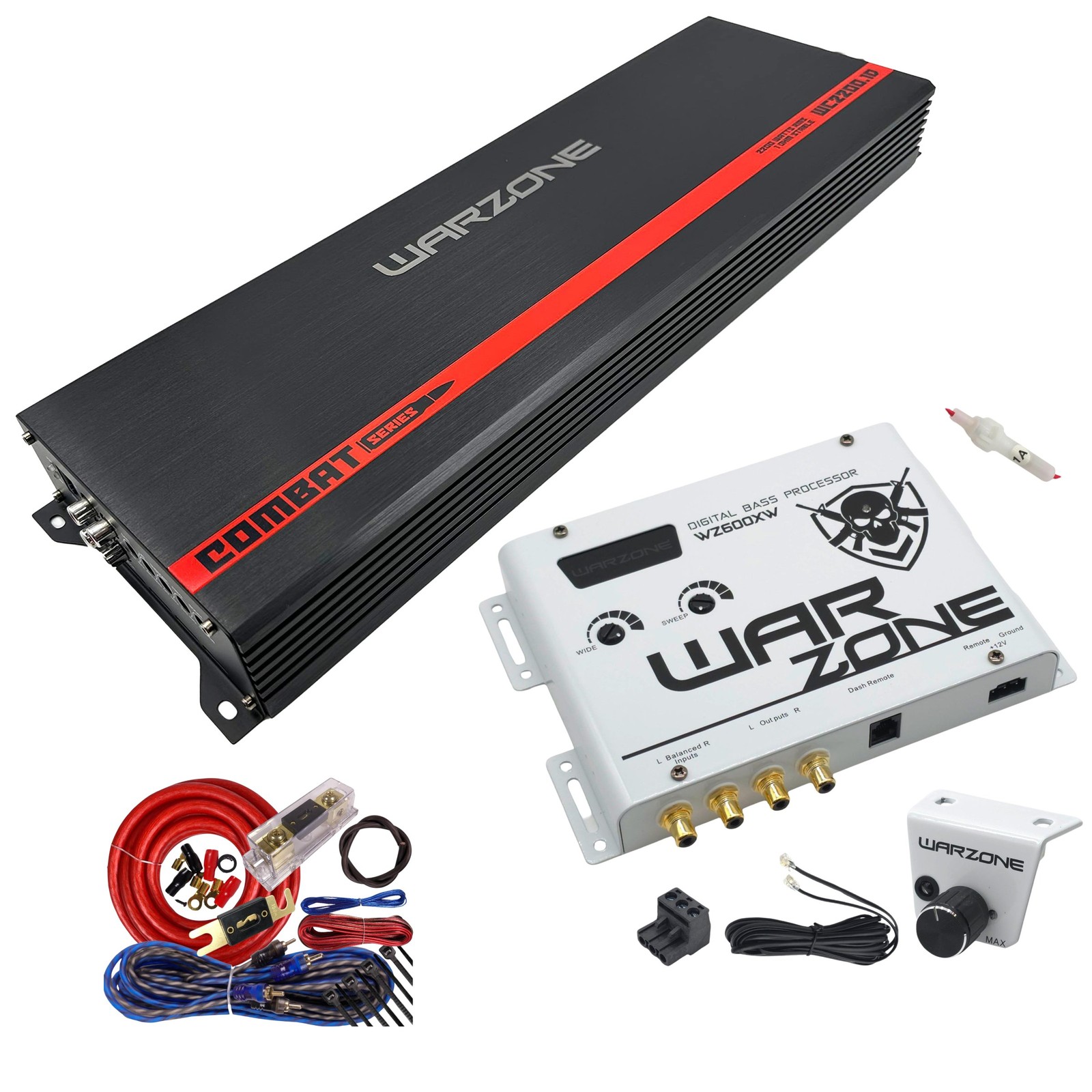 Gravity WC2200.1D Warzone 2200W Amplifier + WZ600XW Bass Processor + Wiring Kit