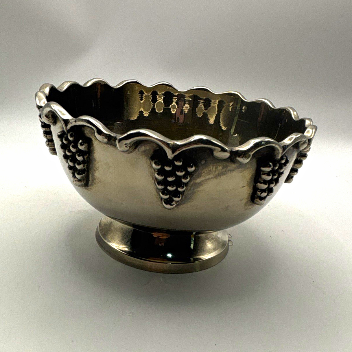 Vintage Made in India 5” Footed Pedestal Bowl Grape Motif Scalloped Rim Vintage Made in India 5” Footed Pedestal Bowl Grape Motif Scalloped Rim