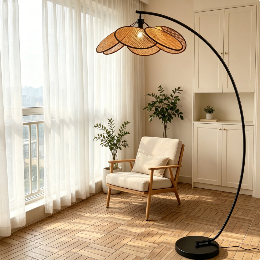 Rattan Arc Floor Lamp Boho Standing Light Stepless Dimming for Home Use Decor