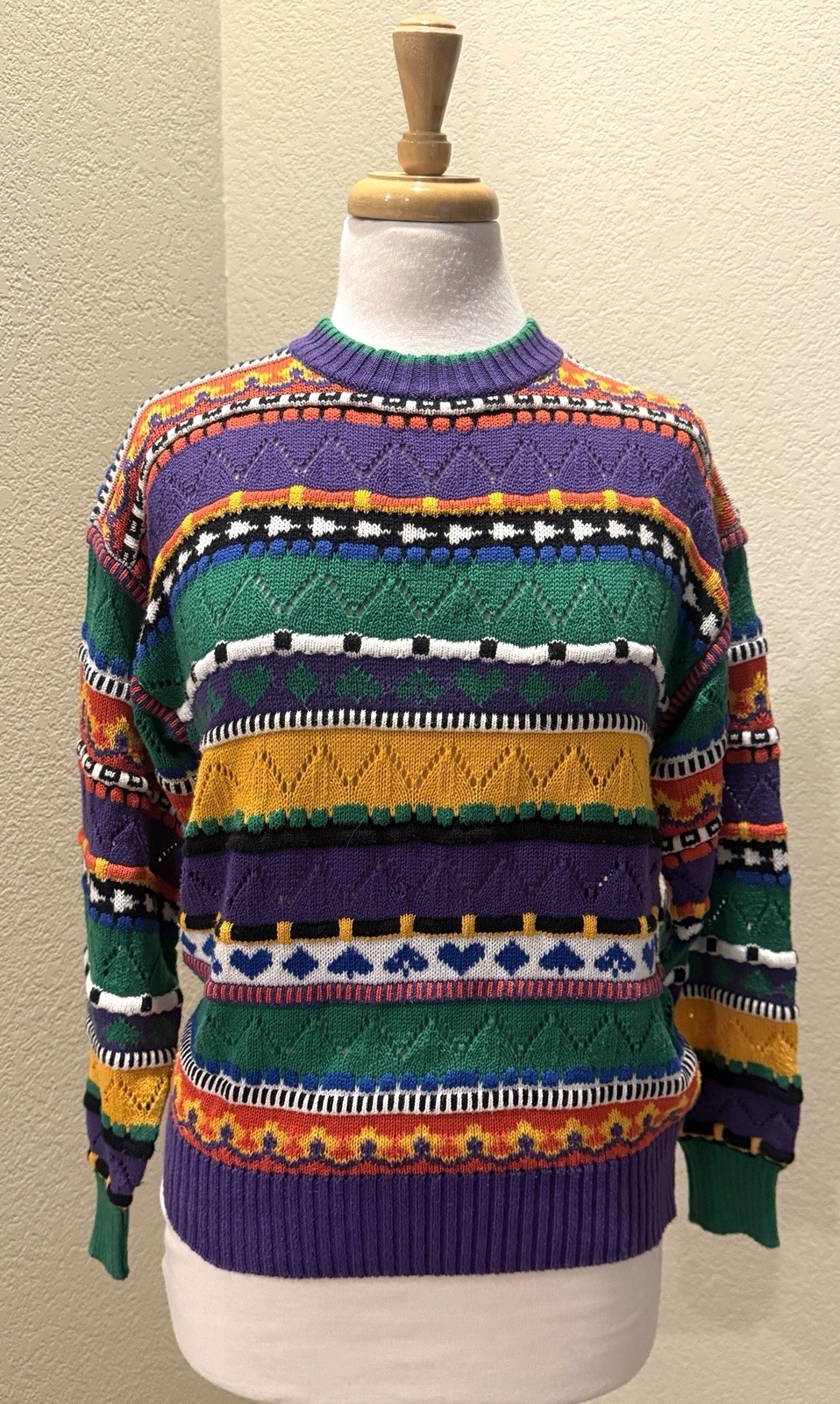 VTG 80s 90s Y2K Head 3D Knit Cosby Colorful Geometric Coogi Style Sweater S VTG 80s 90s Y2K Head 3D Knit Cosby Colorful Geometric Coogi Style Sweater S