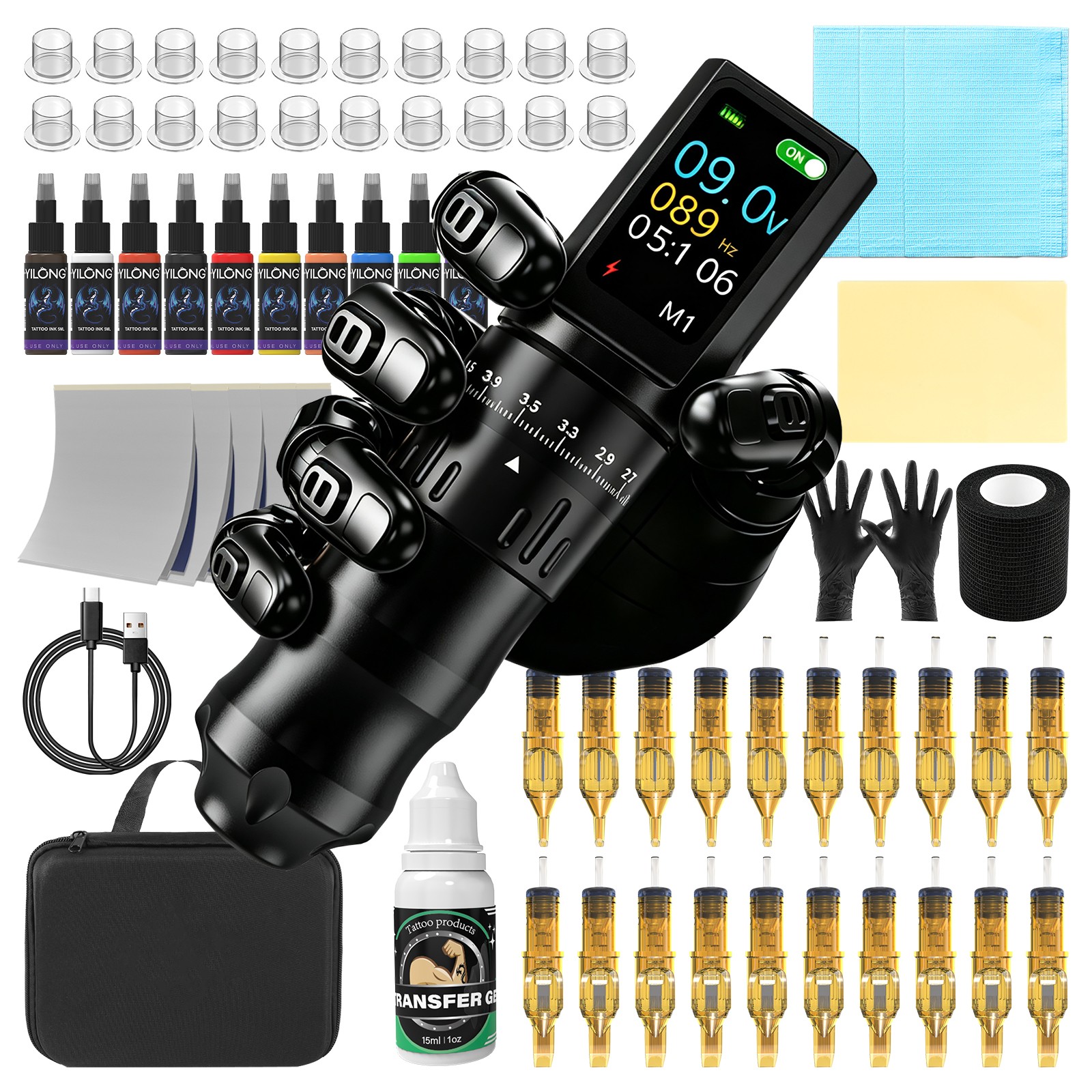 Wireless Tattoo Kit Complete Rotary Pen Machine 1200mAh Power Paper Needles Ink