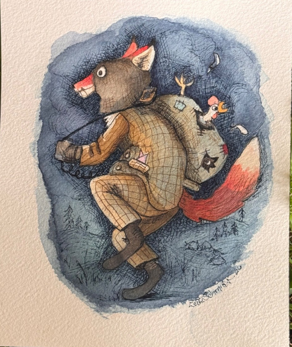 OOAK Origional watercolor Fox robbing a Chicken coop by artist Edith Schmidt OOAK Origional watercolor Fox robbing a Chicken coop by artist Edith Schmidt