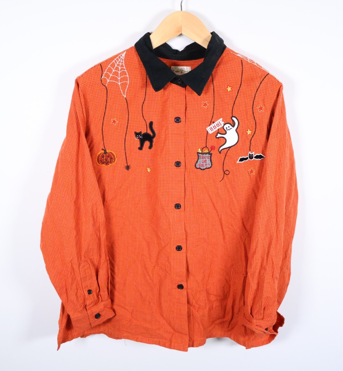 Bobbie Brooks Halloween Shirt Women\'s 3X Orange Check Ghost Cat Embroideries