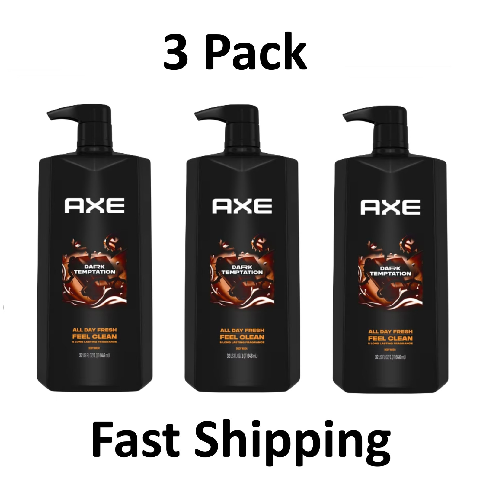 Axe Dark Temptation Refreshing Long Lasting Body Wash, Dark Chocolate, 3 Pack