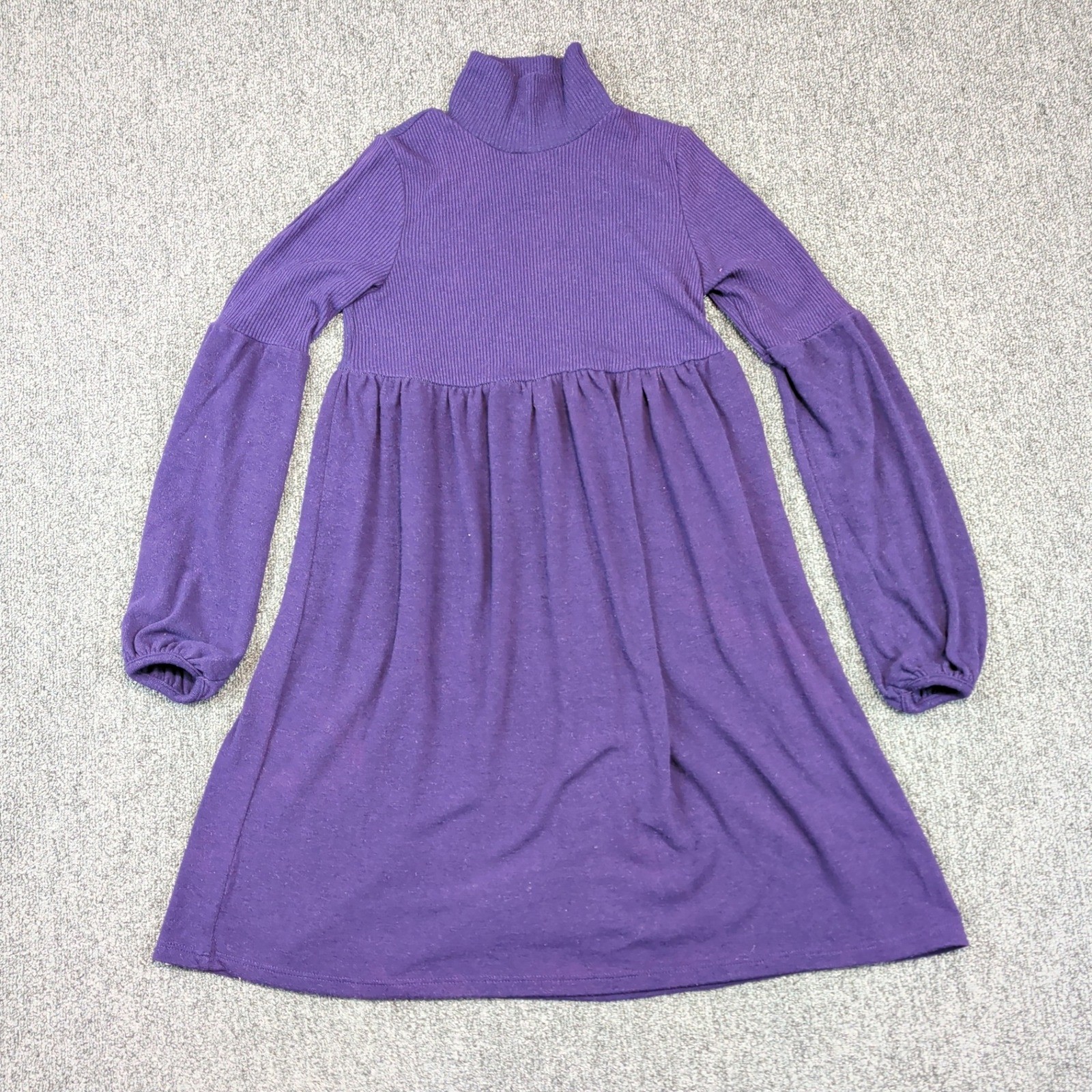 S-Twelve Vintage Babydoll Mini Dress Small Purple Ribd Turtleneck Balloon Sleeve