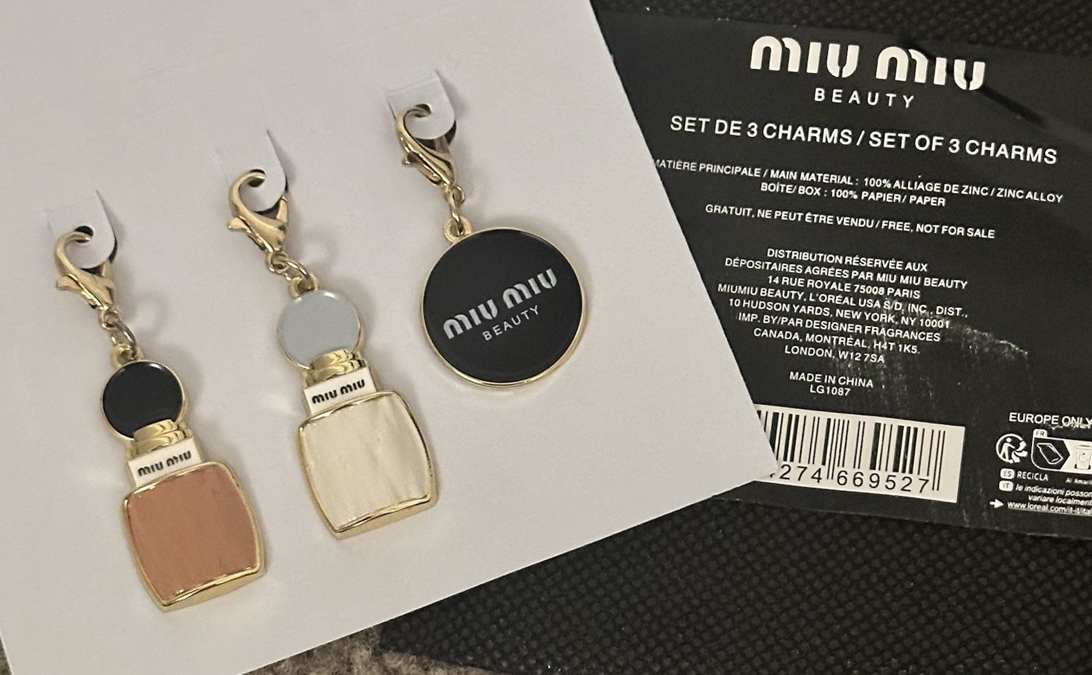 Rare Miu Miu Beauty Vip Gift set of 3 Mini Charms for Bracelet Keychain Bag Tag