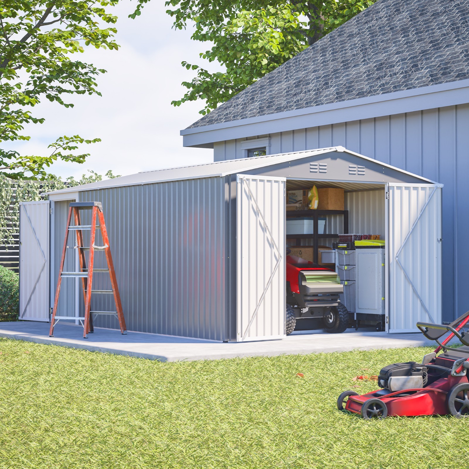 10\'x14\' Metal Outdoor Storage Shed Large Garden Tool Shed w/Floor Kit & 3 Doors