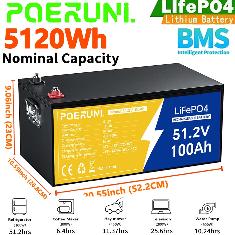 48V 100Ah LiFePO4 Lithium Battery Built-in BMS with LCD Monitor For Golf Carts