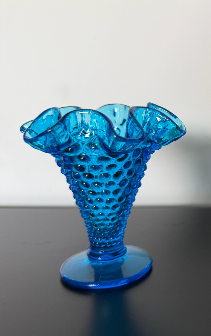 Vintage MCM Fenton Colonial Blue Hobnail Glass Trumpet Vase 4” (Ruffled/Crimped) Vintage MCM Fenton Colonial Blue Hobnail Glass Trumpet Vase 4” (Ruffled/Crimped)