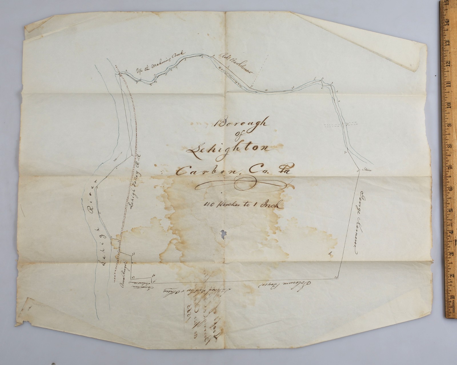 Rare 1866 Hand Drawn Survey Borough of Lehighton Carbon County Pennsylvania