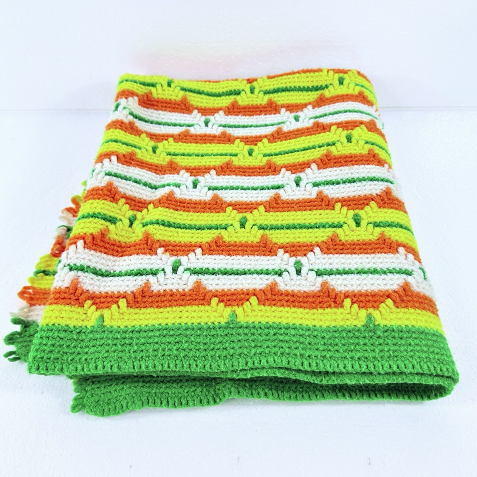 1970s Crochet Afghan Blanket Throw Striped Orange Green Yellow Grannycore 52x36\