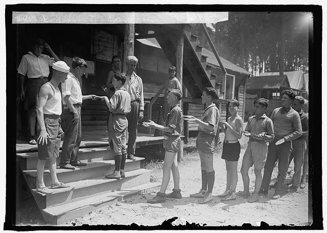 Photo:Camp Roosevelt 1925 Boy Scouts Line at Cabin Steps