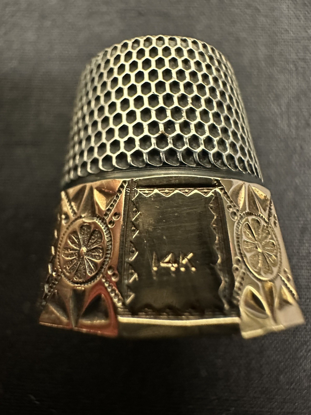 Antique Goldsmith Stern Sterling Silver w/ 14k Gold Band Thimble size 11 c1880's