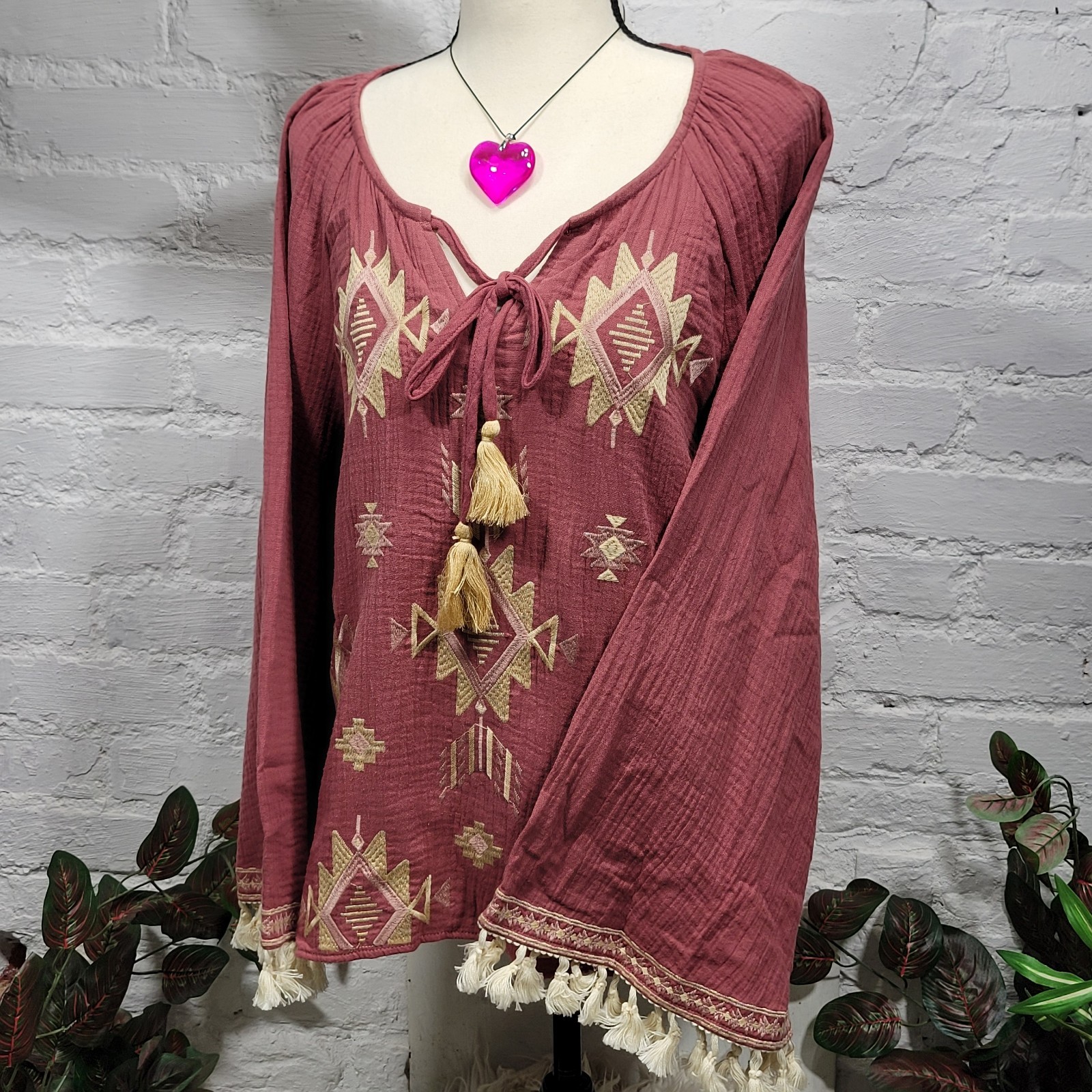 Savanna Jane Blouse Women’s Large Neutral Embroidered Southwest Hippie Flared
