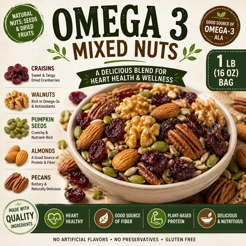 Omega-3 Mixed Nuts and Dried Fruit Trail Mix 1LB (16oz) Bulk Bag - 