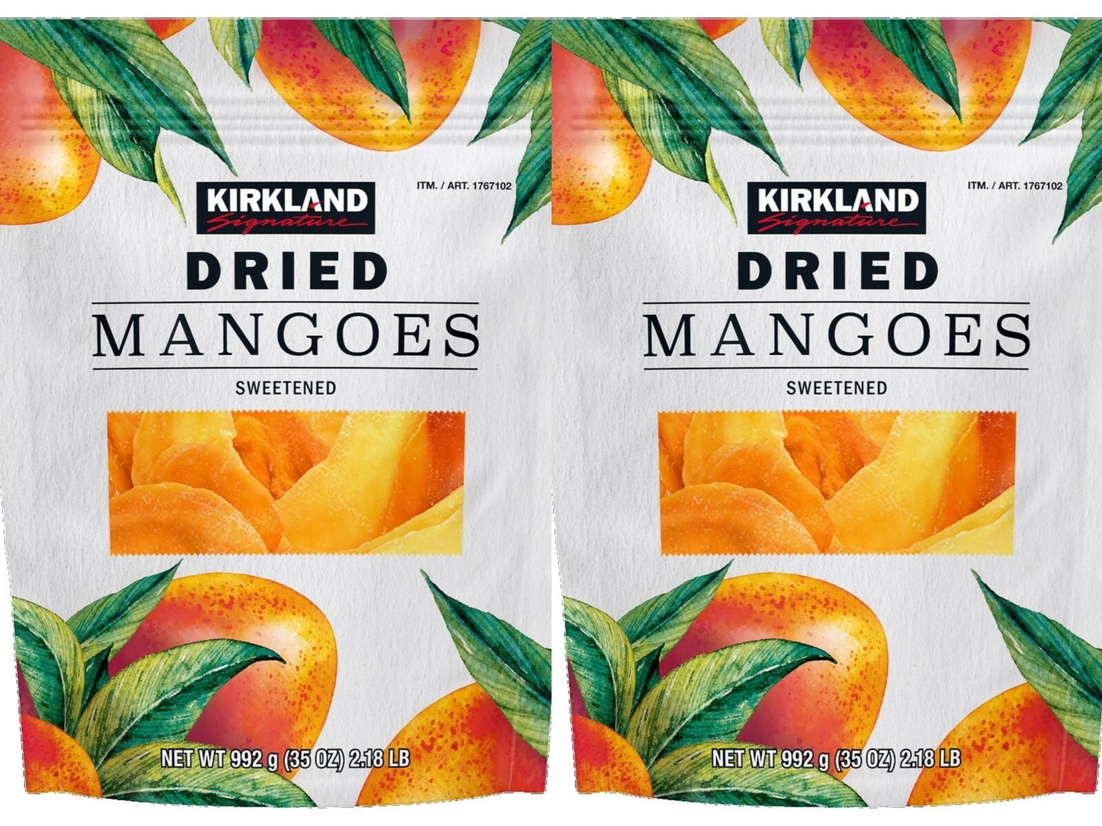 2 Packs Kirkland Signature Dried Mangoes Sweetened (35 OZ) Each, 4.36 lbs Total 2 Packs Kirkland Signature Dried Mangoes Sweetened (35 OZ) Each, 4.36 lbs Total